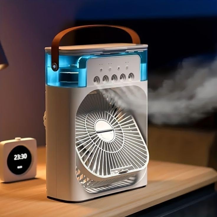 Portable Desktop Air Cooler Fan with 5-Hole Mist Spray; 3-Speed Rechargeable Personal Cooling Fan with LED Light and Timer for Home, Office, and Travel. (Pack of 1)