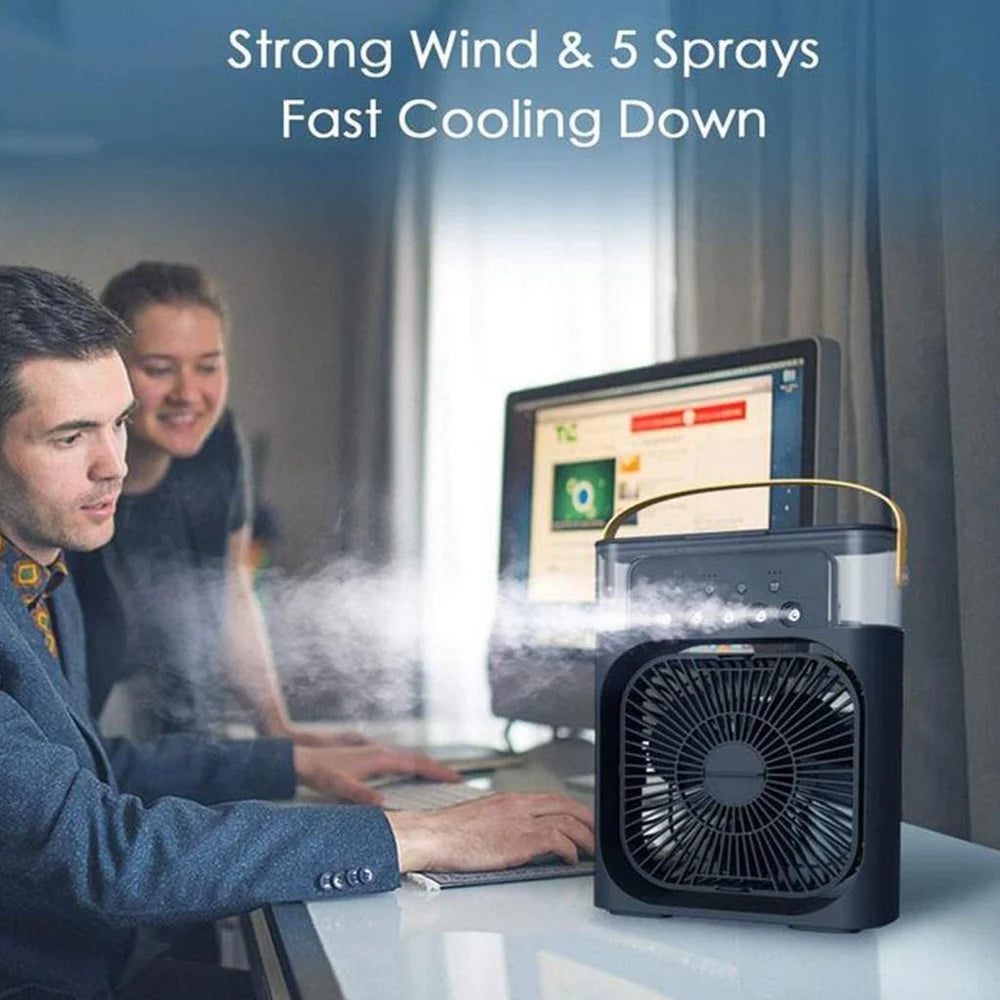 Portable Desktop Air Cooler Fan with 5-Hole Mist Spray; 3-Speed Rechargeable Personal Cooling Fan with LED Light and Timer for Home, Office, and Travel. (Pack of 1)