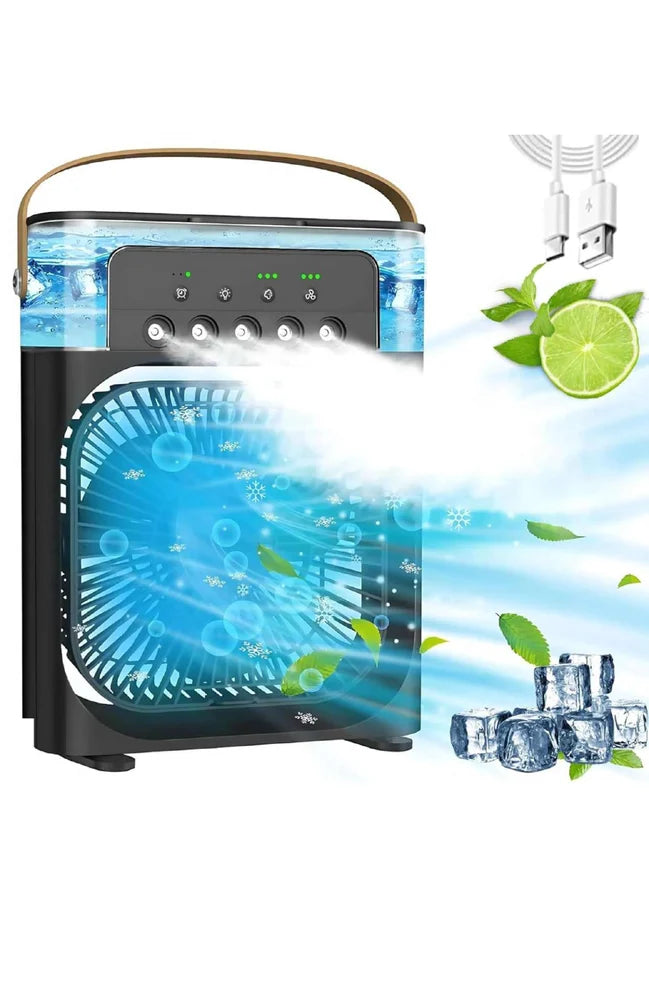 Portable Desktop Air Cooler Fan with 5-Hole Mist Spray; 3-Speed Rechargeable Personal Cooling Fan with LED Light and Timer for Home, Office, and Travel. (Pack of 1)